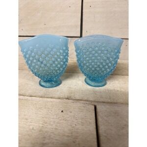 Vintage Fenton Hobnail Opalescent Mini Glass Fan Bud Vase 3.75" Blue Pair